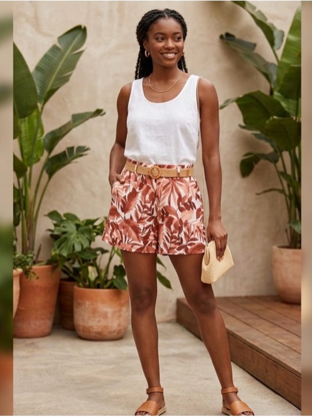 High-Rise Brown Leaf Print Women's Bermuda Shorts with Waist Belt